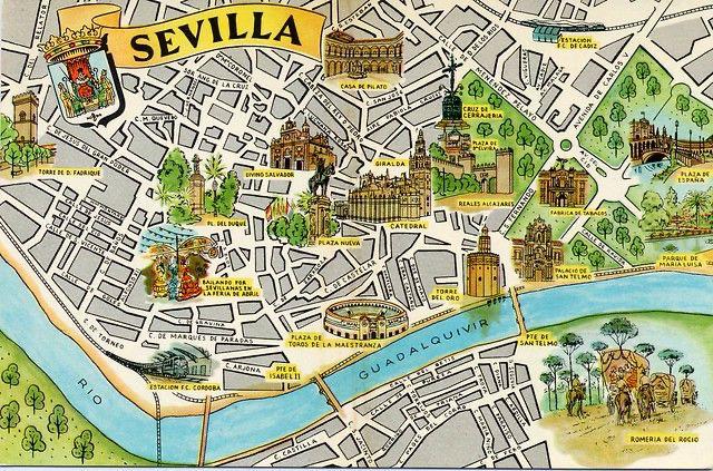 Mapa ilustrado de Sevilla con las ubicaciones de las 11 leyendas